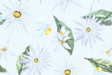 Seamless pattern white flower with watercolor.Designed for fabric and wallpaper, vintage style.Blooming floral painting for summer.Abstract background.Botany pattern.