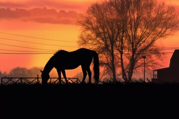 silhouette of horse eating hay at sunset, created with generative ai