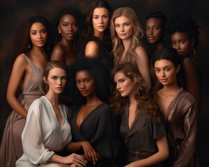 Beauty. Group Of Diversity Models Portrait. Multi-Ethnic Women With Different Skin Types Posing On Beige Background. Tender Multicultural Girls Standing Together And Looking At Camera