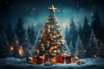 Fototapeta na wymiar Photo of a beautifully decorated Christmas tree with a shining star on top .generative ai