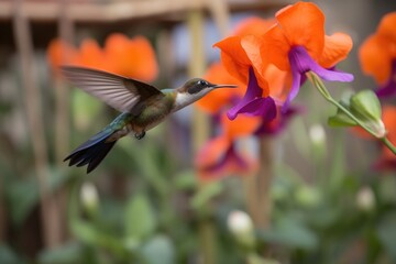 hummingbird, flying past blooming flower, with blurred petals in the background, created with generative ai
