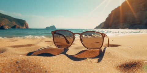 Photo of a pair of sunglasses on a sandy beach .generative ai