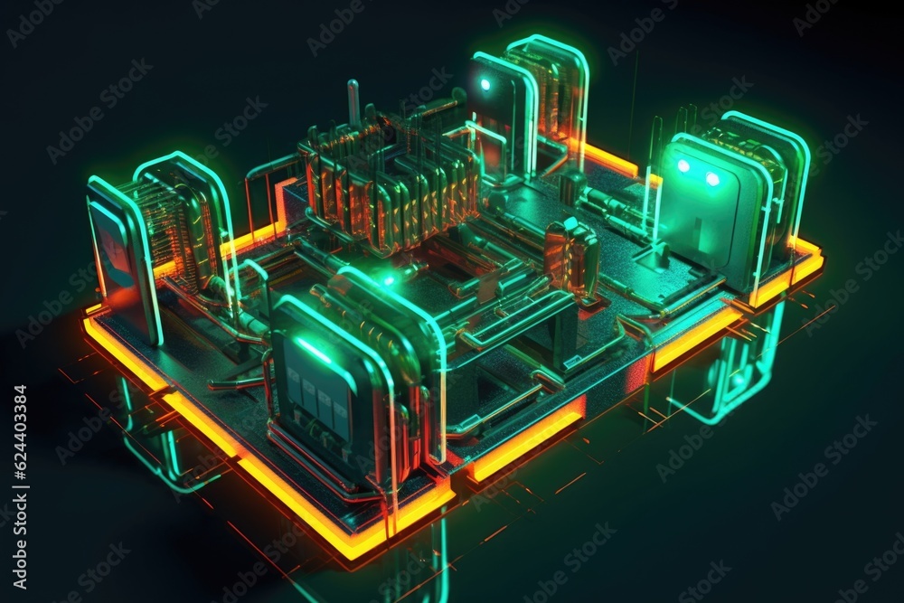 Sticker 3d render of glowing neon circuit board design, created with generative ai