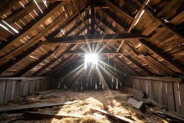 collapsed barn roof with sun shining through gaps, created with generative ai