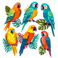 solated image of a set of parrots on branches on a white background close-up..Generative AI illustration