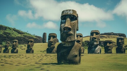 Photo of a group of moai statues standing in a serene grassy field .generative ai - obrazy, fototapety, plakaty