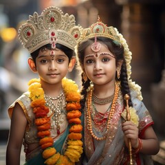 Photo of two young girls dressed in traditional Indian attire .generative ai