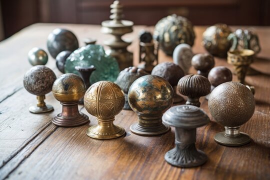 group of mismatched antique door knobs on table, created with generative ai