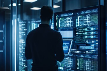 Successful people Data Center IT Specialist back view Using Tablet Computer, Turning Augmented VFX Visualization on Server Farm Cloud Computing Facility