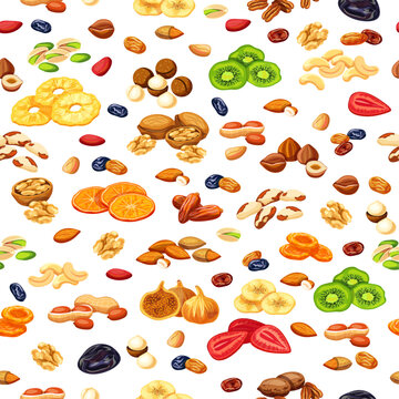 Seamless pattern with nuts and dried fruits.Vector illustration:walnuts,almonds,peanuts, Brazil nuts,cola nut,cashews, pistachios,hazelnuts, pecans,macadamia,dried apricots,kiwi,bananas,raisins, kiwi.