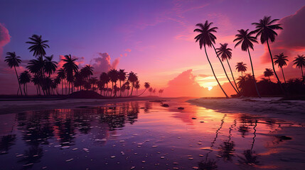 Obraz na płótnie Canvas Paisaje de atardecer en una playa con palmeras y colores de tonos malvas y rosas. Ilustracion de Ia generativa