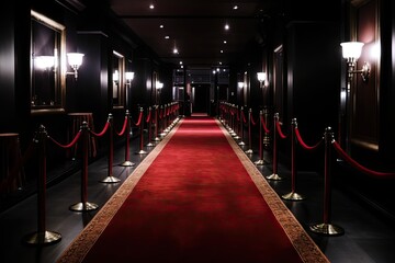 Red luxurious vip carpet with barriers and red ropes in the hotel corridor. - obrazy, fototapety, plakaty