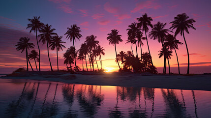 Obraz premium Paisaje de atardecer en una playa con palmeras y colores de tonos malvas y rosas. Ilustracion de Ia generativa