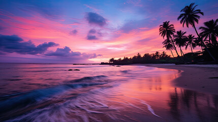 Fototapeta na wymiar Paisaje de atardecer en una playa con palmeras y colores de tonos malvas y rosas. Ilustracion de Ia generativa