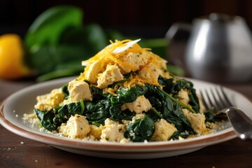 tofu scramble with scrambled eggs and cheese, topped with herbs, created with generative ai - obrazy, fototapety, plakaty