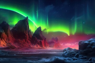 a vibrant aurora on a mars-like planet with rocky terrain, created with generative ai