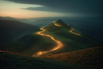 Natural mountain landscape with illuminated road.