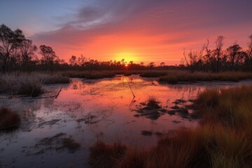 Fototapeta na wymiar wetland with sunrise, the sky glowing orange and pink, created with generative ai