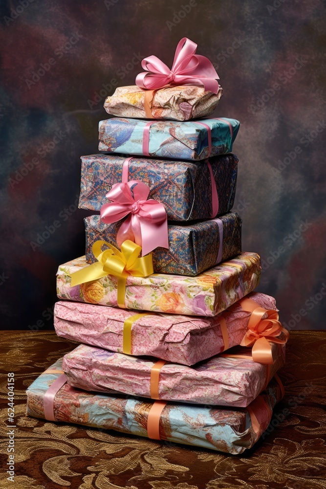 Sticker stack of wrapped birthday gifts with ribbons, created with generative ai