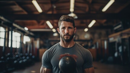 Handsome muscular man holding kettle bell in sport center