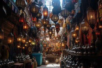 lanterns hanging in a moroccan market, created with generative ai