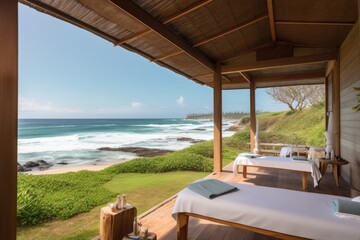 wellness retreat, with view of ocean waves crashing on the shore, created with generative ai