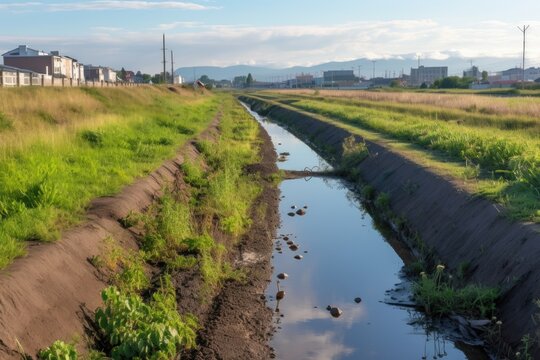 newly repaired levee segment with fresh soil, created with generative ai