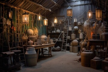 rustic workshop with unfinished lanterns, created with generative ai