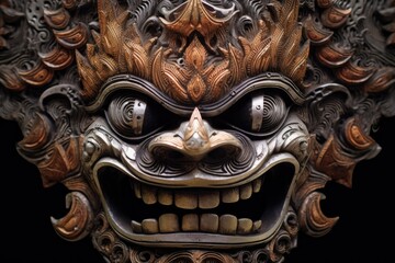 close-up of intricately carved balinese mask, created with generative ai