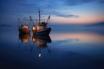 trawlers reflection on calm sea surface at twilight, created with generative ai