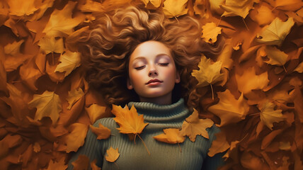 Young woman lying on autumn leaves, portrait created with generative ai tools
