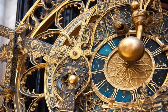 close-up of intricate astronomical clock gears, created with generative ai