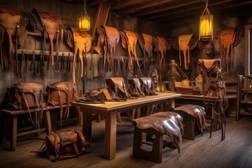 crafted leather saddles displayed in a rustic setting, created with generative ai