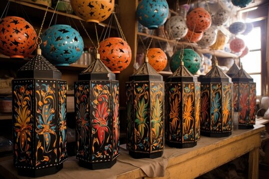 hand-painted moroccan lanterns drying, created with generative ai