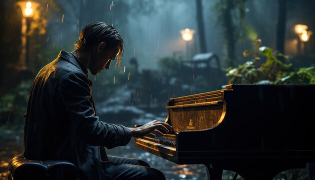 The musician piano classics theme, man playing piano in  rain in the foggy forest