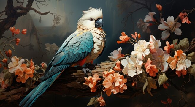 Vintage style of parrots on a floral branch, wallpaper background