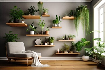 minimalist room with floating shelves and plants, created with generative ai