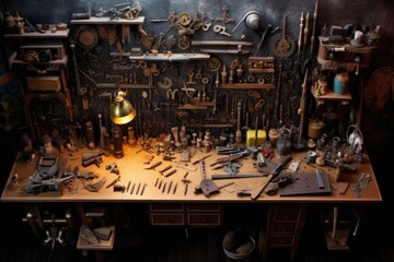 top view of a craftsmans workbench with knife components and tools, created with generative ai