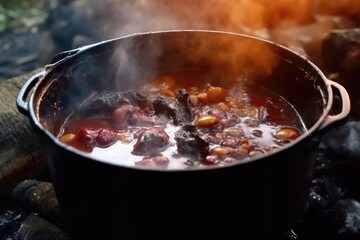 close-up of bubbling stew inside a dutch oven, created with generative ai