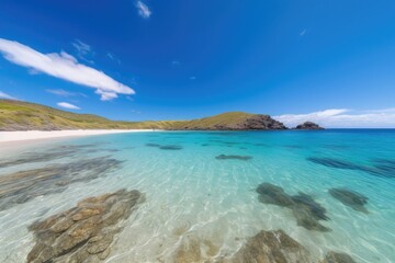 remote island beach with crystal-clear waters and azure skies, created with generative ai