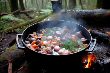 dutch oven stew in the making, surrounded by ingredients, created with generative ai