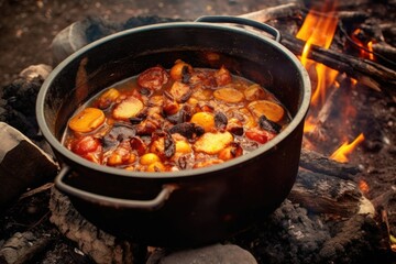 open dutch oven revealing hearty stew inside, created with generative ai