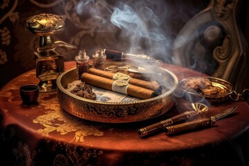 Fototapeta na wymiar fine cigar in ashtray, surrounded by smoke, created with generative ai