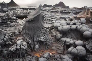 volcanic rocks and ash formations from a recent eruption, created with generative ai