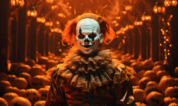 clown mal&eacute;fique et citrouilles d'halloween
