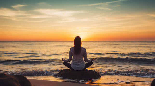 A peaceful image of someone meditating by the beach, highlighting the role of stress management in maintaining a healthy heart Generative AI