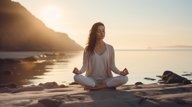 A peaceful image of someone meditating by the beach, highlighting the role of stress management in maintaining a healthy heart Generative AI