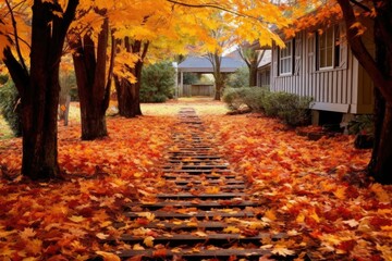 autumn leaves creating a path in a well-kept yard, created with generative ai