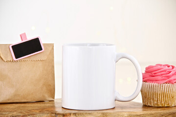 11 oz mug for sublimation , cup mock up with pink cupcake and gift