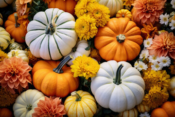Obraz na płótnie Canvas Beautiful autumn background with pumpkins and flowers